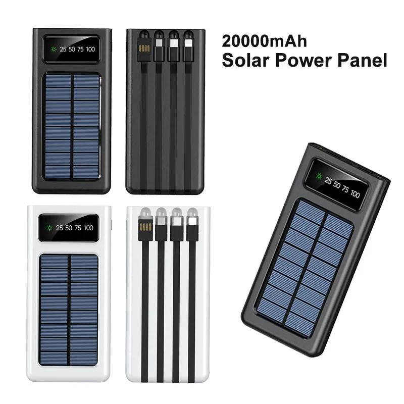

20000 мАч Солнечная батарея Светодиодный цифровой дисплей с четырьмя кабелями USB TYPE C Двойной USB ВЫХОД PoverBank для смартфона мобильного телефона