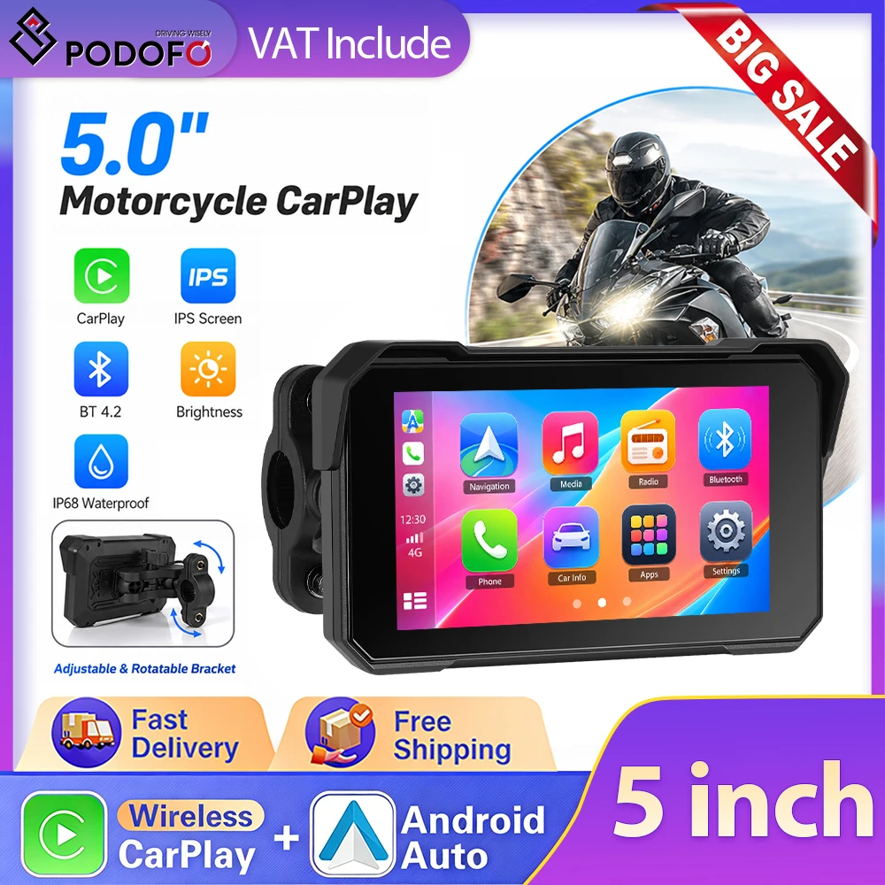 Podofo 5 Zoll IPS Motorrad-Smart-Player, tragbarer, kabelloser CarPlay Android Auto-Motorradmonitor, Carplay DVR GPS IP68 wasserdicht, BT5.0 EQ-Monitor, unterstützt Reifendruckerkennung, digitales