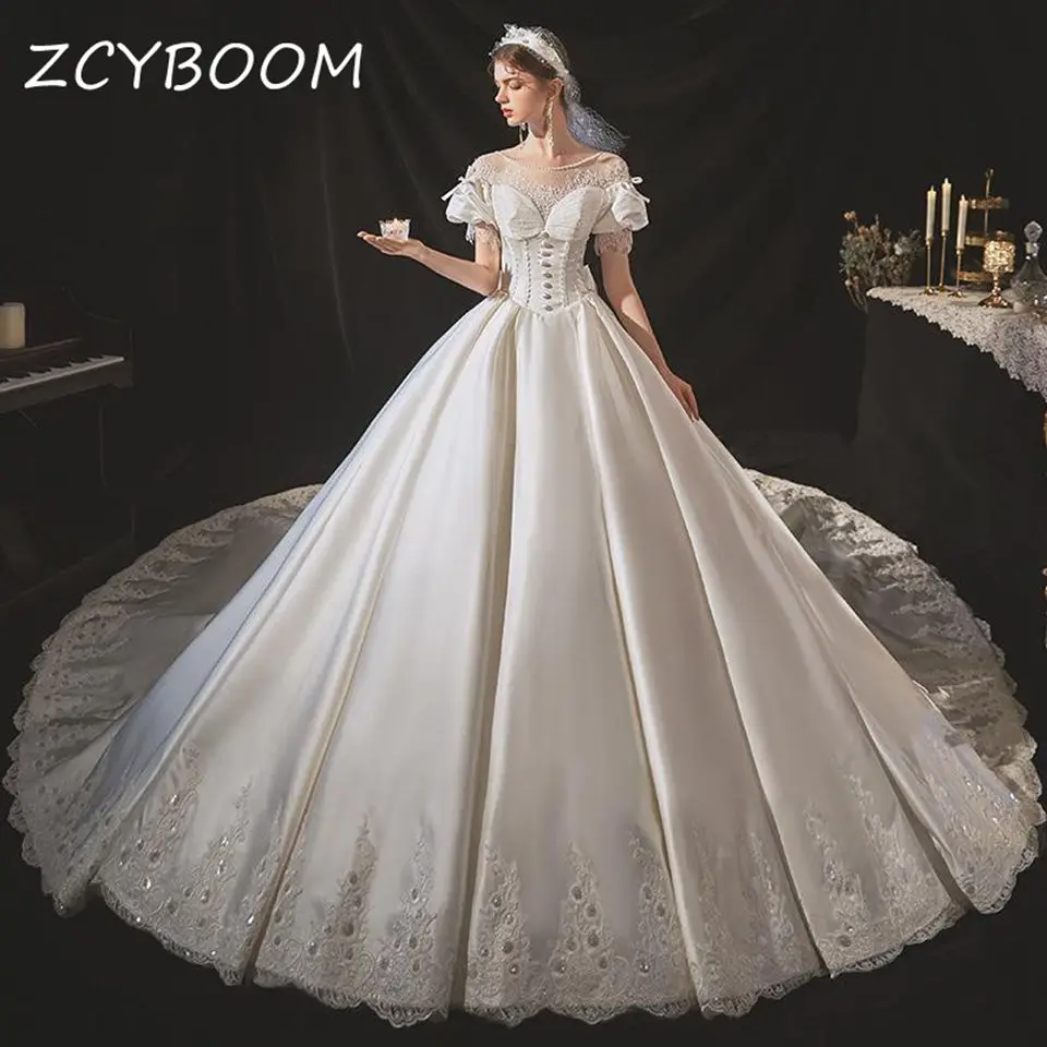 Customized Gorgeous White Appliques A-Line Satin Wedding Dresses Short Sleeves Open back Lace up O-Neck Bridal Gown For Women