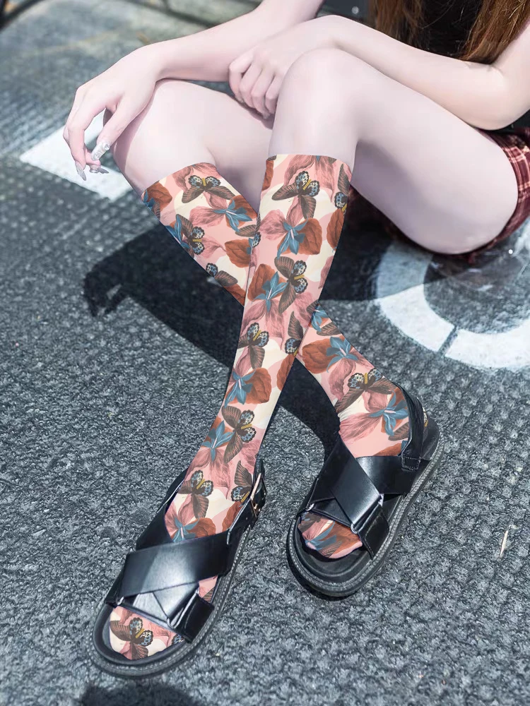 Ladies Silk Calf Socks Japanese Korean Style Velvet Flower Print Casual Stockings Comfortable Sweet Girls Happy Sexy Long Socks