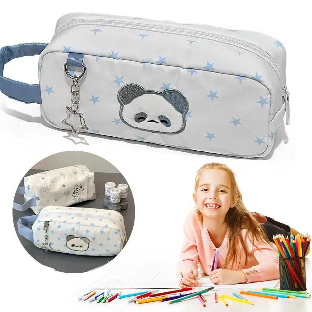 Multifunktionale weiße Stifttasche, großes Fassungsvermögen, Federmäppchen mit Stern-Panda-Muster, tragbarer Hand-Organizer für Schreibwaren, Geschenk