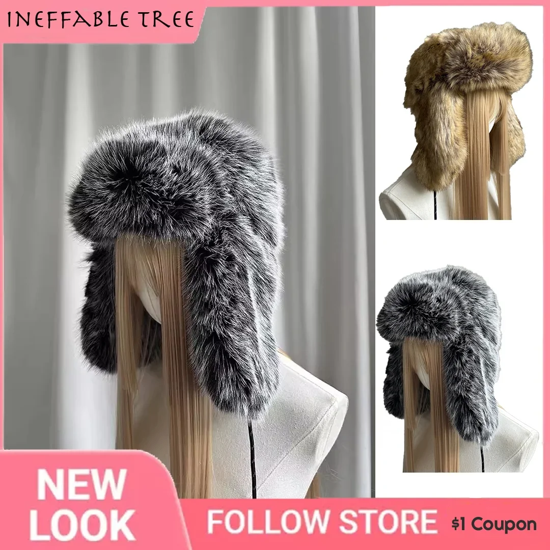 M/L Lmitation Fur Thickened Lace Up Bomber Hats for Women Winter Russian Man Warm Hat Male Fake Fur Ski Mask Caps Gorro Hombre