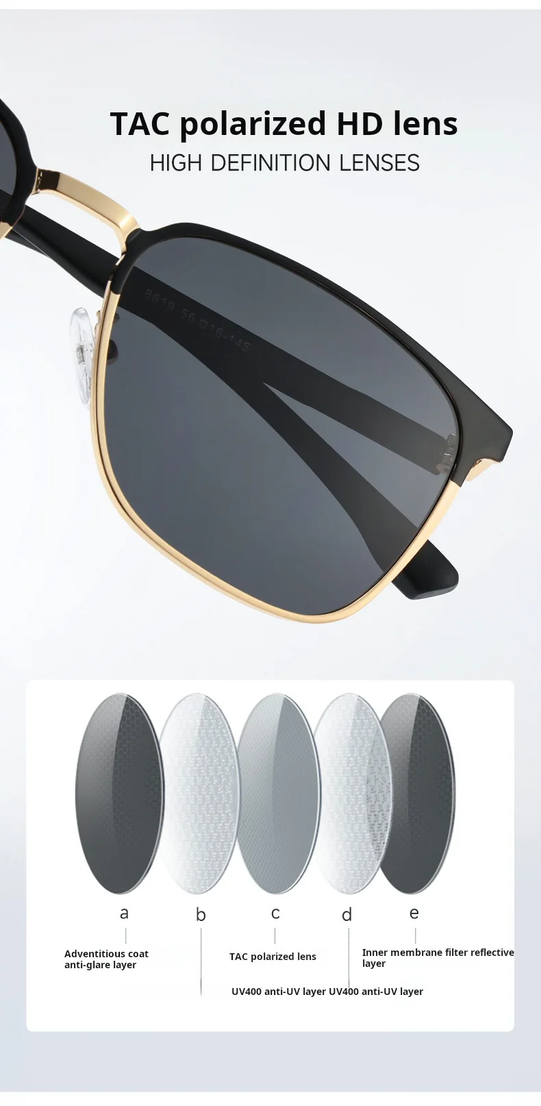 Neue polarisierte Sonnenbrille für Herren, modisch, UV400-beständig, Sonnenbrille zum Fahren, Angeln, individuell verschreibungspflichtig, Damen 8619 – Detail 4