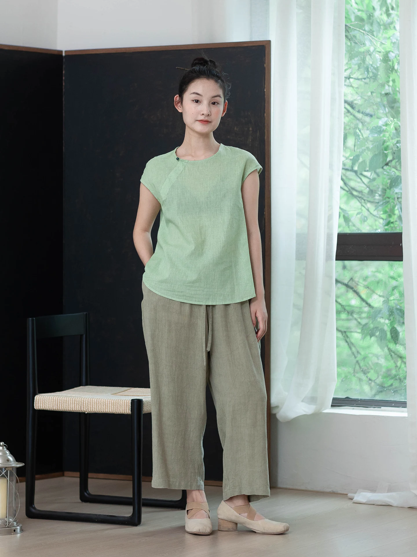 

Summer Plant Series Cotton Print irt ort Sve Commute Casual Loose Fit round Ne Chinese Brand Women's Premium Faion