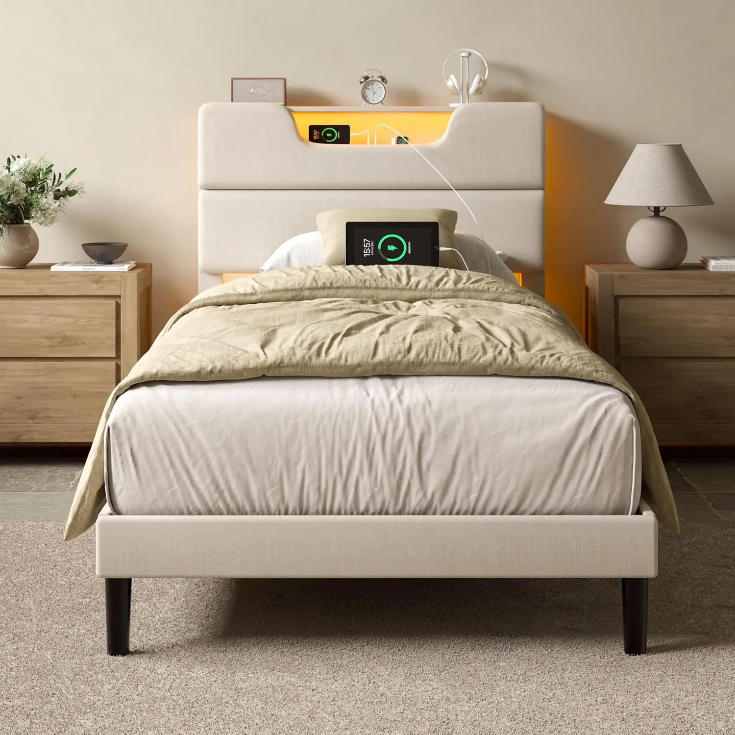

Twin Bed Frames for Kids Twin Size Bed Frames with Upholstered Headboard Modern Platform Bed with Charging Station and Led