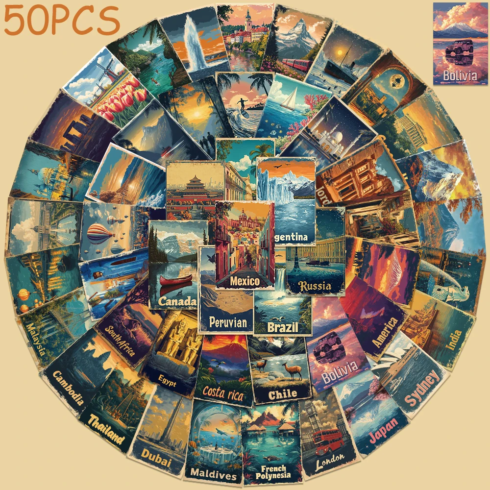 

50pcs Retro Travel Poster Stickers Decals For Phone Laptop Scrapbook Suitcase Refrigerator DIY Aesthetic Waterproof Stickers