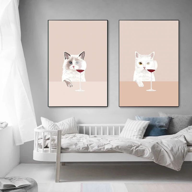 لوحة قماشية مضحكة للقطط بالأبيض والأسود ، ملصق ومطبوعات للنبيذ الأحمر ، فن جداري لمحبي القطط ، صور لغرفة المعيشة ، المطبخ ، ديكور المنزل #3