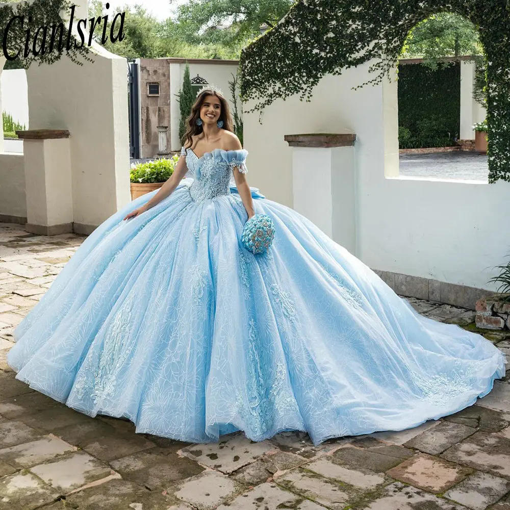 

Light Blue Appliques Lace Quinceanera Dresses Ball Gown Off The Shoulder Crystal Sequined Sweet 15 Años Mexican Customized