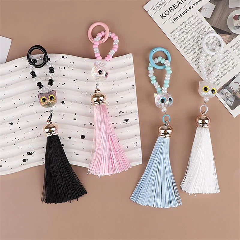 Cute Cat Head Beaded Tassel Mobile Phone Chain Charms Keychain Pendants Bag Hanging Ornaments Couple Backpack Accessories Gifts