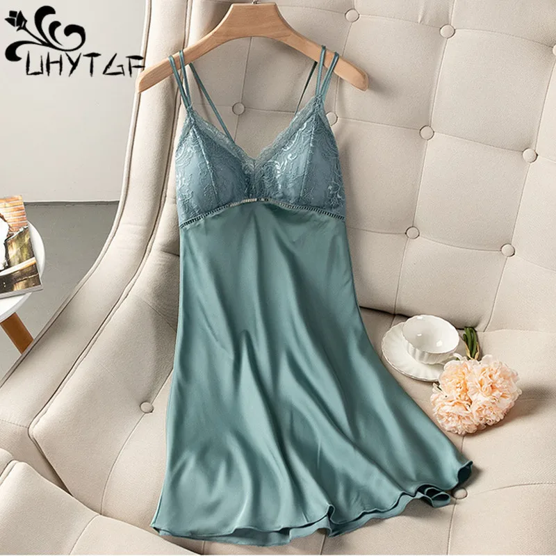 New Silk Nightdress Chest Pad Suspenders Lingeries Summer Women\'s Short Dress Sexy Nightwear Female Comfortable Nightgowns 2968