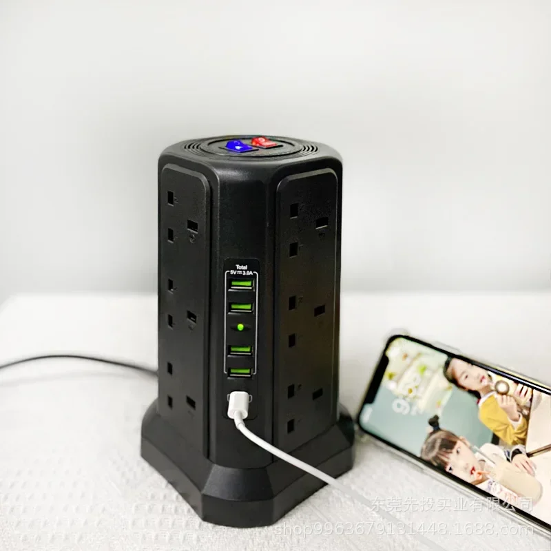 Tomada de torre do Reino Unido com placa de alimentação USB, suporta carregamento rápido PD, soquete poroso de mesa, proteção contra raios domésticos