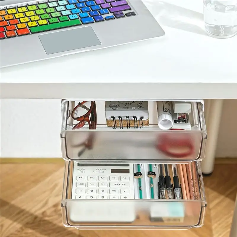 newyear828 Under Desk Storage Drawer Slide Out, Hidden Self-Adhesive Organizer, Attachable Drawer Organizer with 2 Layers White