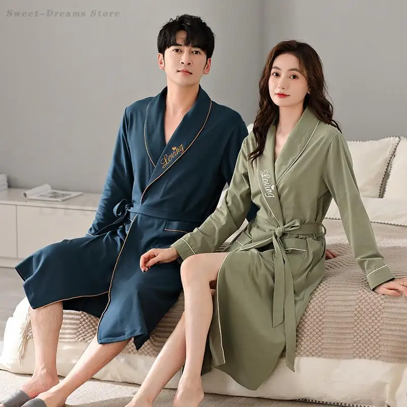 Couple's Spring Autumn Robe Nightwear Men's Women's Cotton Sleepwear Bathrobes Plus Size 4XL Nightgown Kimono Gown Lounge Wear