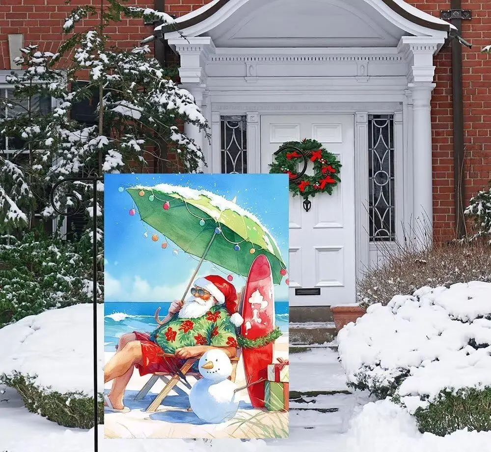 Watercolor Tropical Christmas Santa Claus Beach Time Snowman Garden Yard Flag 12