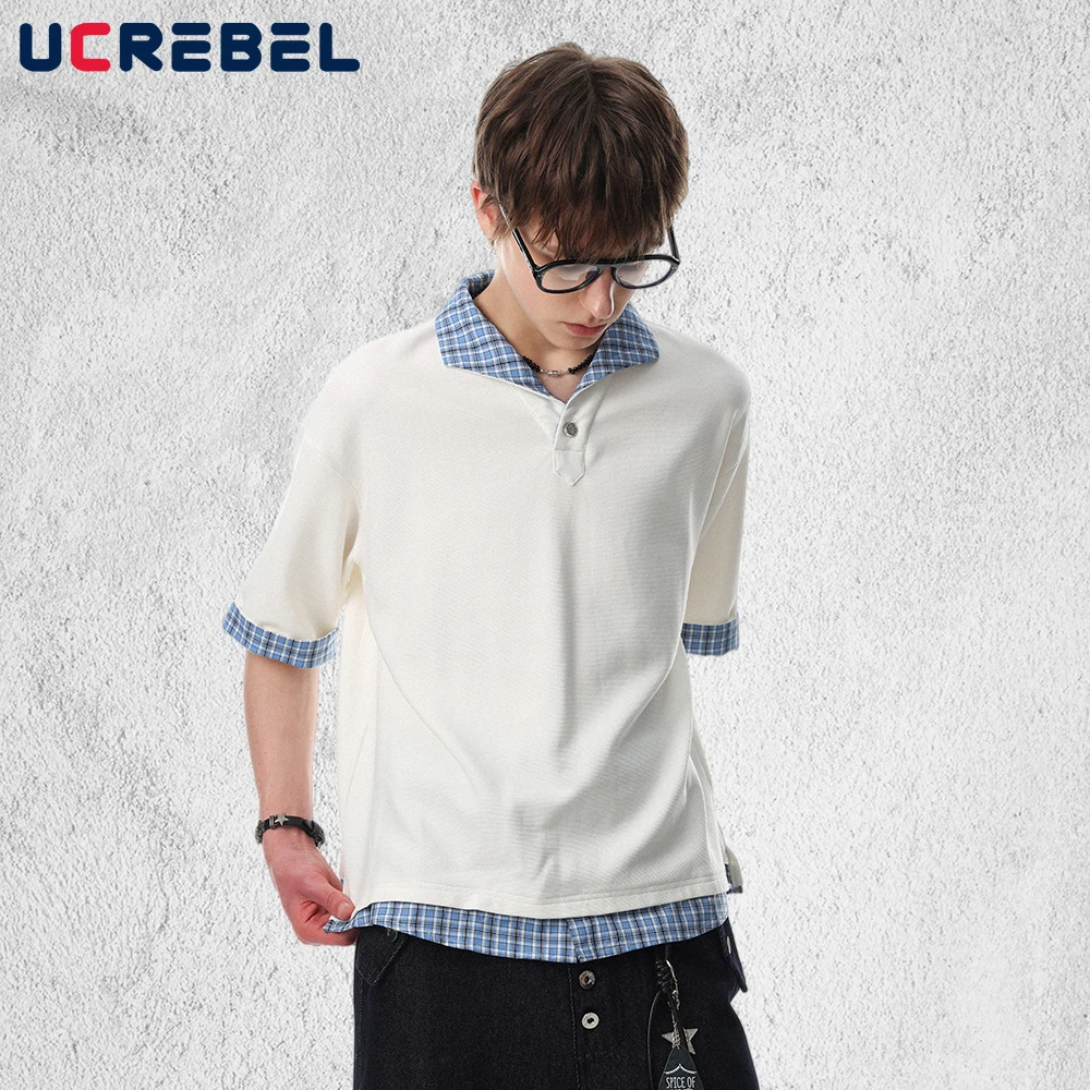 

Plaid Patchwork Short Sleeve T-shirt Mens Summer Retro Streetwear Lapel Half-Sleeve Loose Tee Man Tshirt