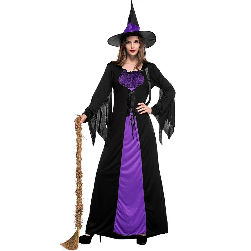 

Women Witch Cosplay Halloween Costumes Long Style Sexy Black Purple Color Dress Sets with Hat for Party or Carnival