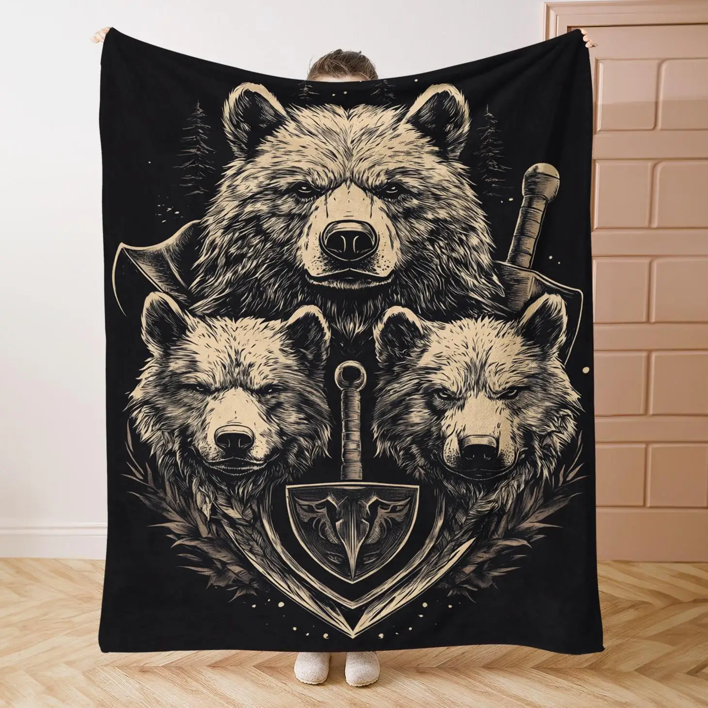Viking-Themed Flannel Throw Blanket - Heavyweight 280GSM Nordic Bedspread with Bear & Viking Axe Design in Black & Golden  All