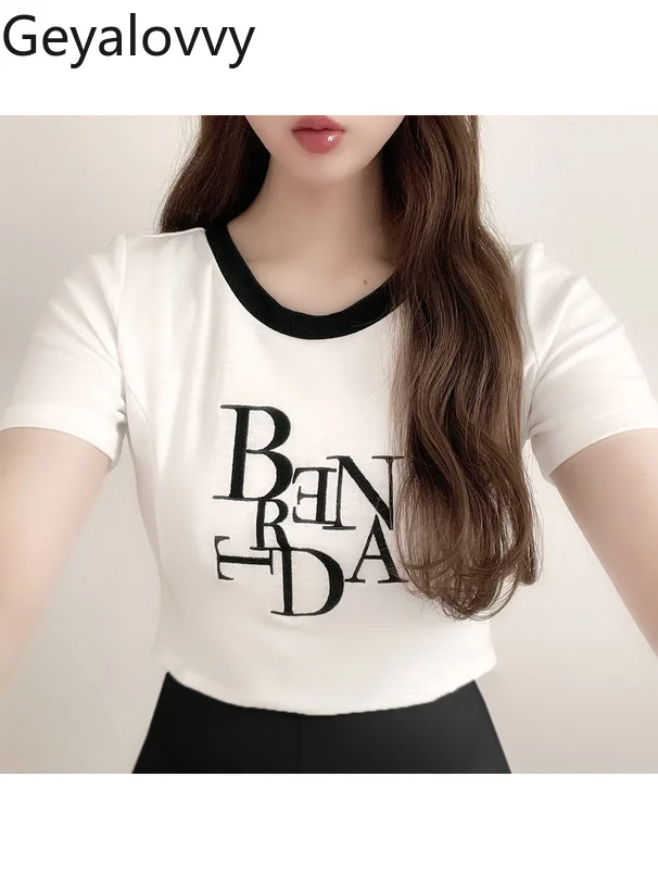

Fashion Summer Slim Fit Casual T-Shirt New 2025 Japanese Style Sweet Letter Embroidery Color Round Neck Short Sleeve Tops