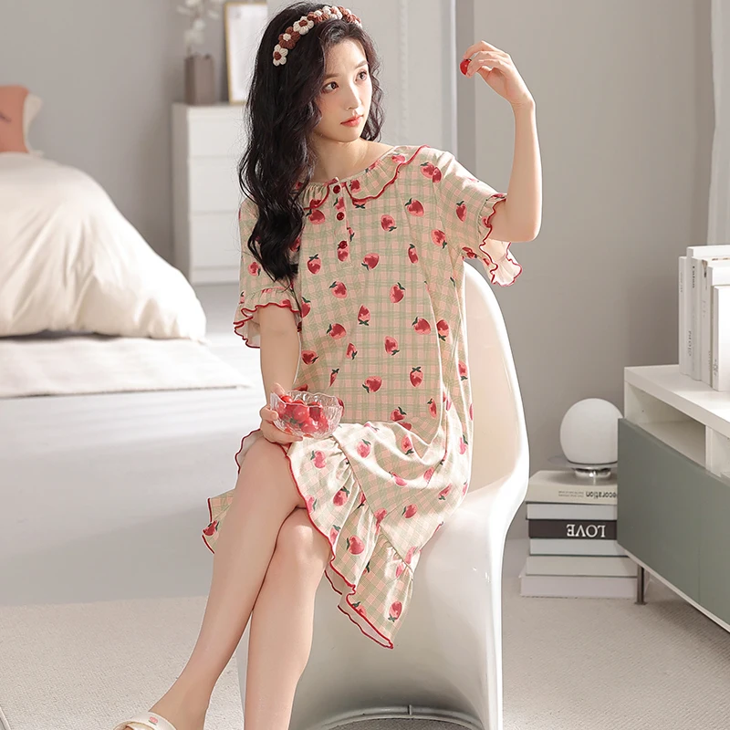 Summer Strawberry Night Dress Women Plaid Nightgown Big Yards M-4XL Sleepshirts Short-sleeve Nightie Nightdress Cotton Sleepwear