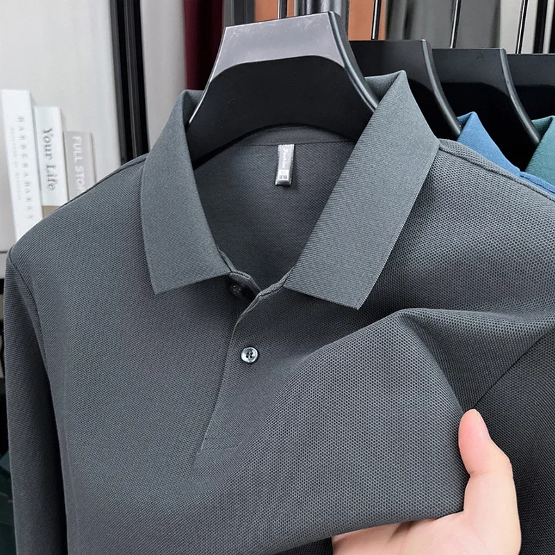 Fashionable Men's New Exquisite Design Bead Mesh High Density Cotton Long Sleeve Spring and Autumn Comfortable Casual Polo Shirt