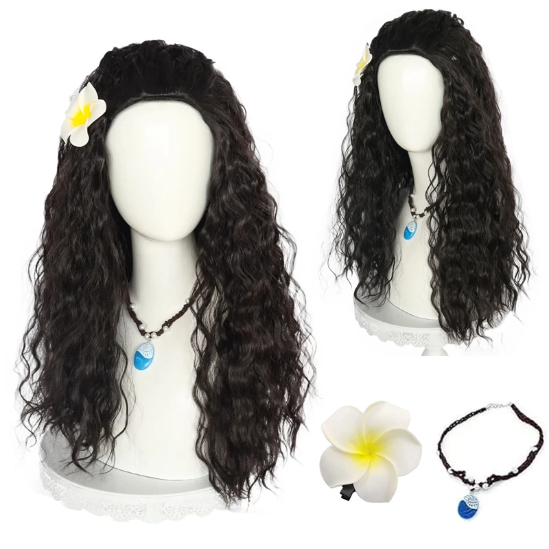 Peruka Cosplay Moana z filmu animowanego, damska, długa, czarna, kręcona, falowana, odporna na ciepło, syntetyczne włosy