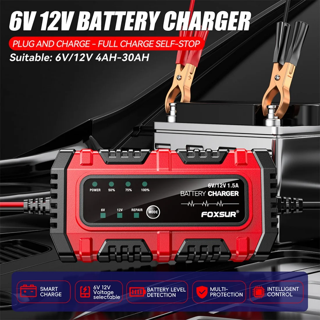 FOXSUR FBC061215E 6V 12V 1.5A Smart Car Battery Charger Support Fully Automatic Trickle Lead-Acid Battery Charger