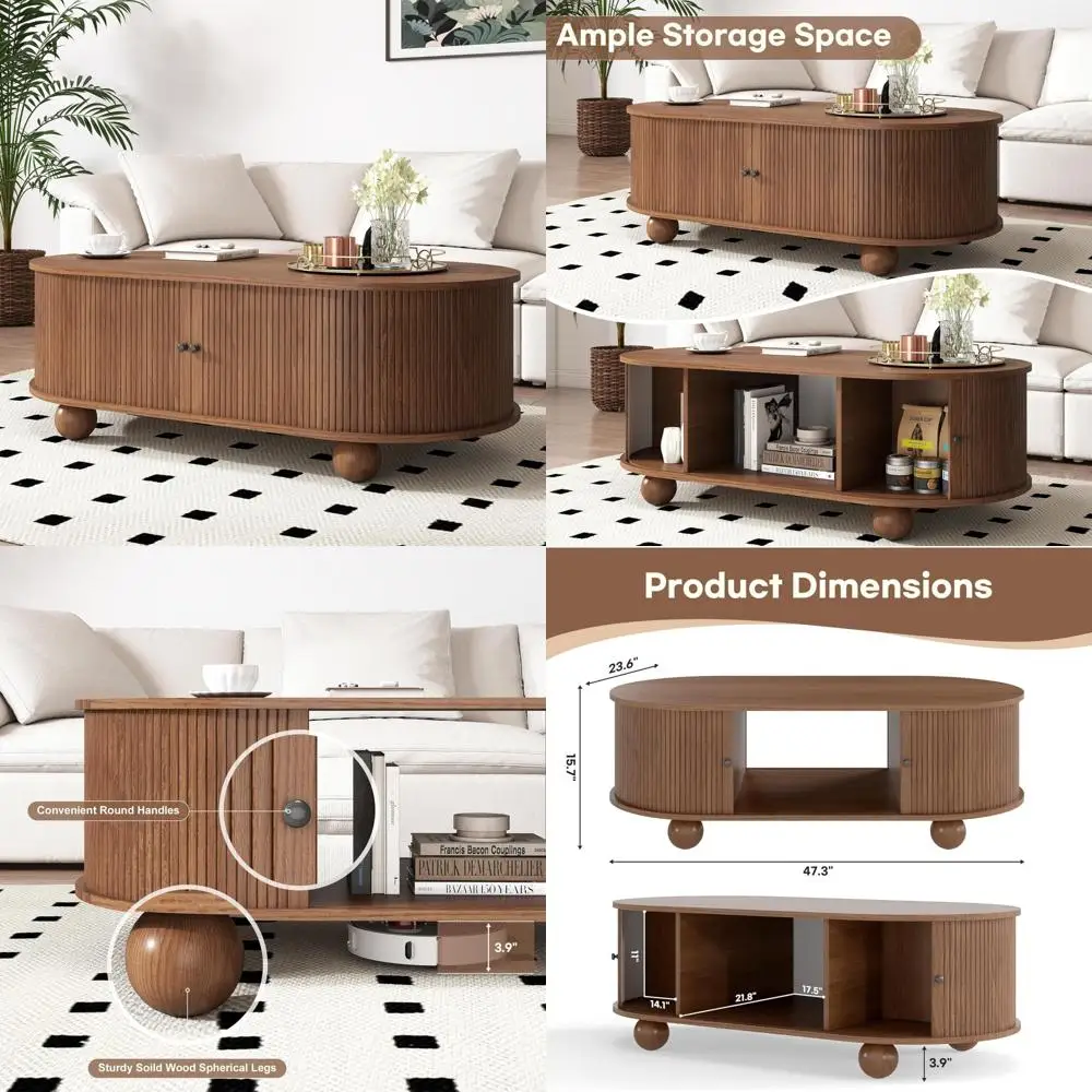 Mid Century Modern Oval Coffee Table with Sliding Doors and Storage Space
