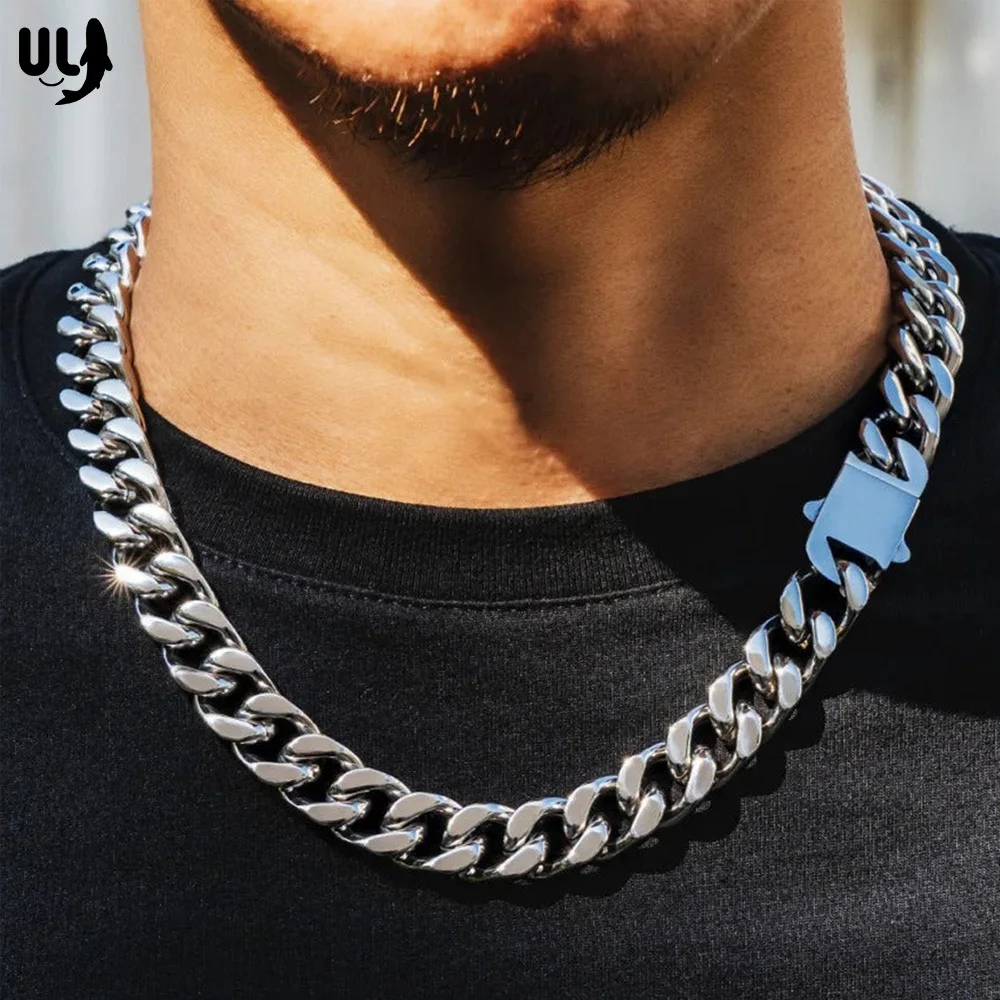 ULJ Punk Miami Cuban Link Men Hip Necklace 316L Stainless Steel Hip-Hop Female Male Bracelet Chain Ice Out Waterproof Jewelry