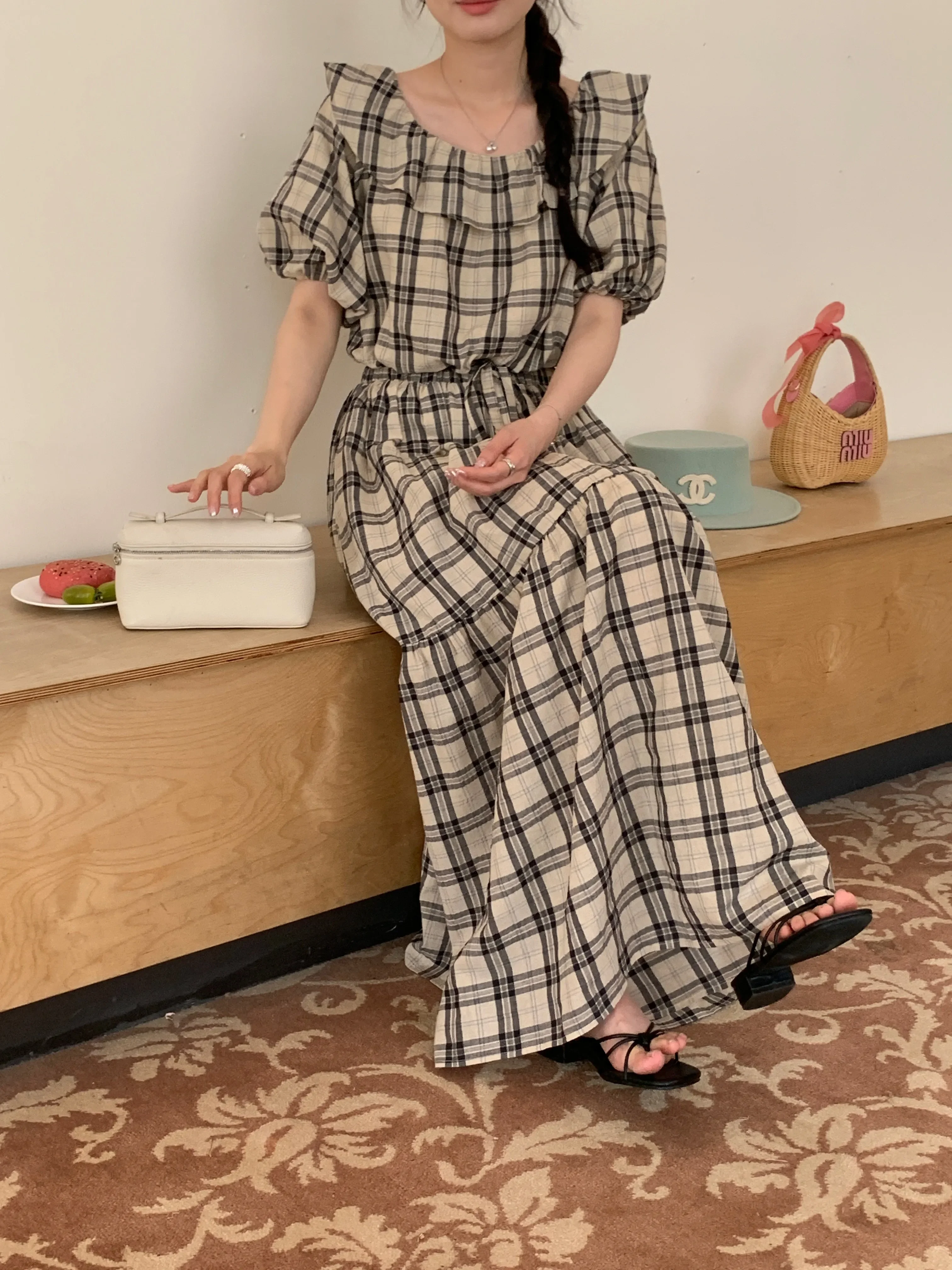 

Summer Women Suit Korean Plaid Two Piece Sets Female Outfits Sweet Off Shoulder Bubble Sleeve Top High Waist Maxi Skirt Set