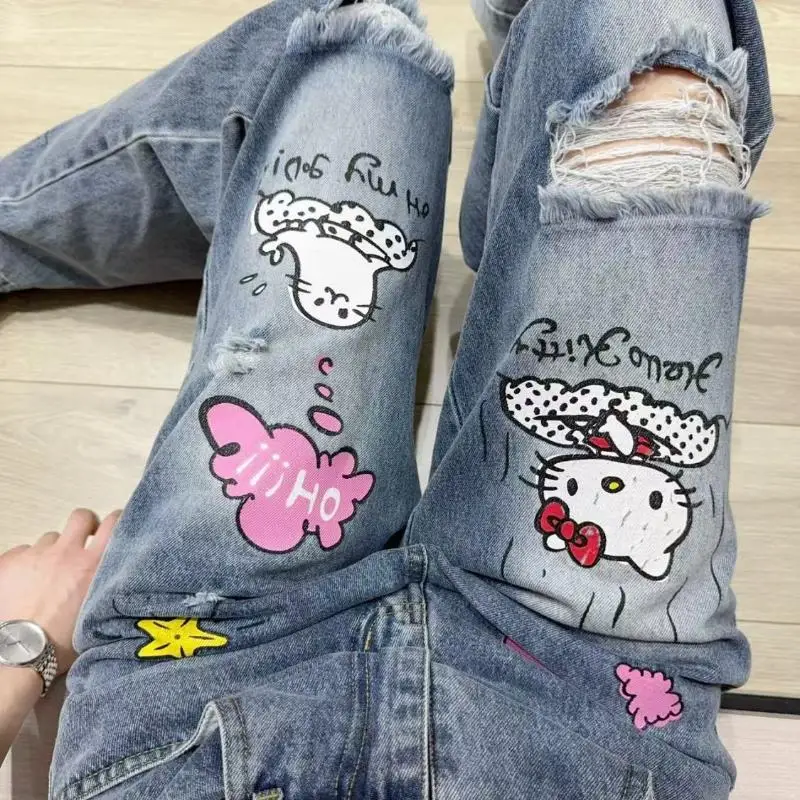 Джинсы Sanrio Hello Kitty Kawaii с героями мультфильмов, аниме, свободные тонкие драпированные прямые широкие брюки, мягкие удобные милые платья для девочек