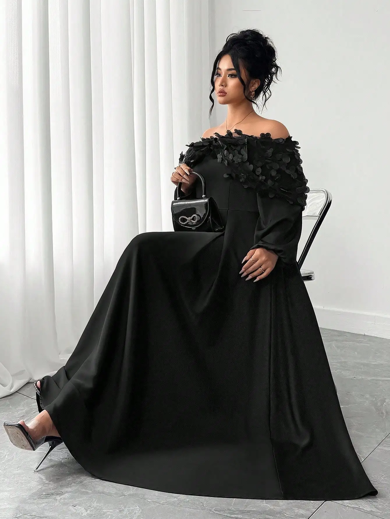 

Элегантное вечернее платье Elenzga больших размеров с открытыми плечами, А-силуэт, с цветочной аппликацией, черное, для осени/зимы