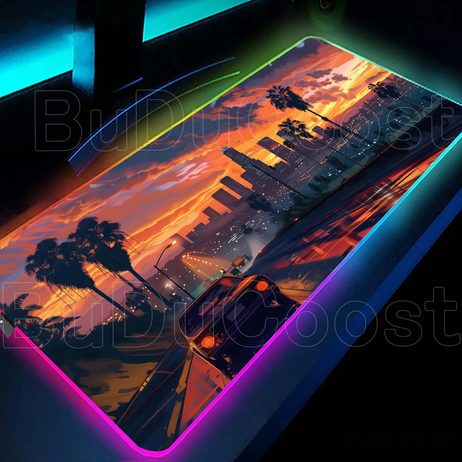 RGB Retro Mouse Pad Neon Japanese Street Pixel Art Anime Skyline City Desk Mat LED Gaming MousePad Large Size Keyboard Accessory
