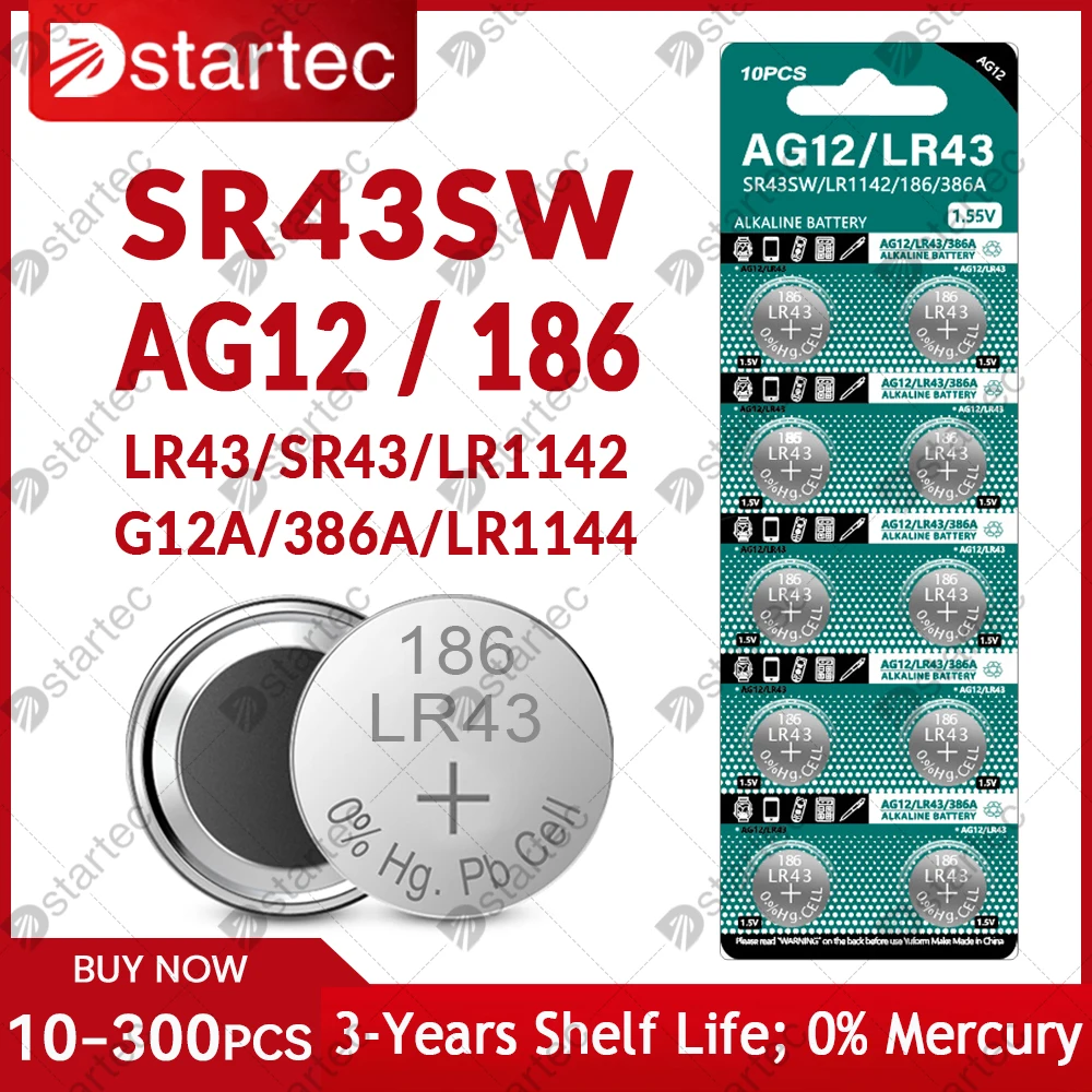 

10-300PCS LR43 AG12 Button Batteries SR43SW 186 386A RW44 G12A LR1142 LR1144 1.55V Alkaline Coin Cell Silver Oxide Watch Battery