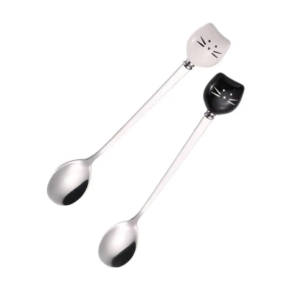 Stylish Cartoon Cat Spoon Stainless Steel Handle Food Grade Rice Spoons Long Handle Spoon Dessert Serving