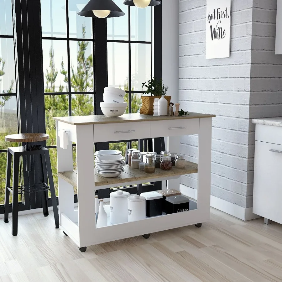 

DEPOT ESHOP Delos 46 Kitchen Island White Six Casters Two Drawers Lower Open Shelf White Light Oak