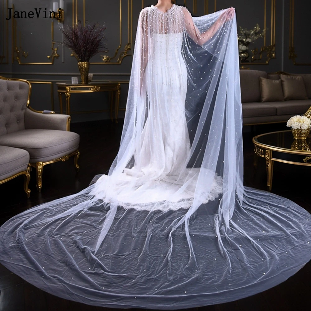 

JaneVini Роскошные длинные свадебные шали с жемчугом, тюлевой вечерний плащ длиной до пола, свадебная накидка, элегантное свадебное платье, куртка