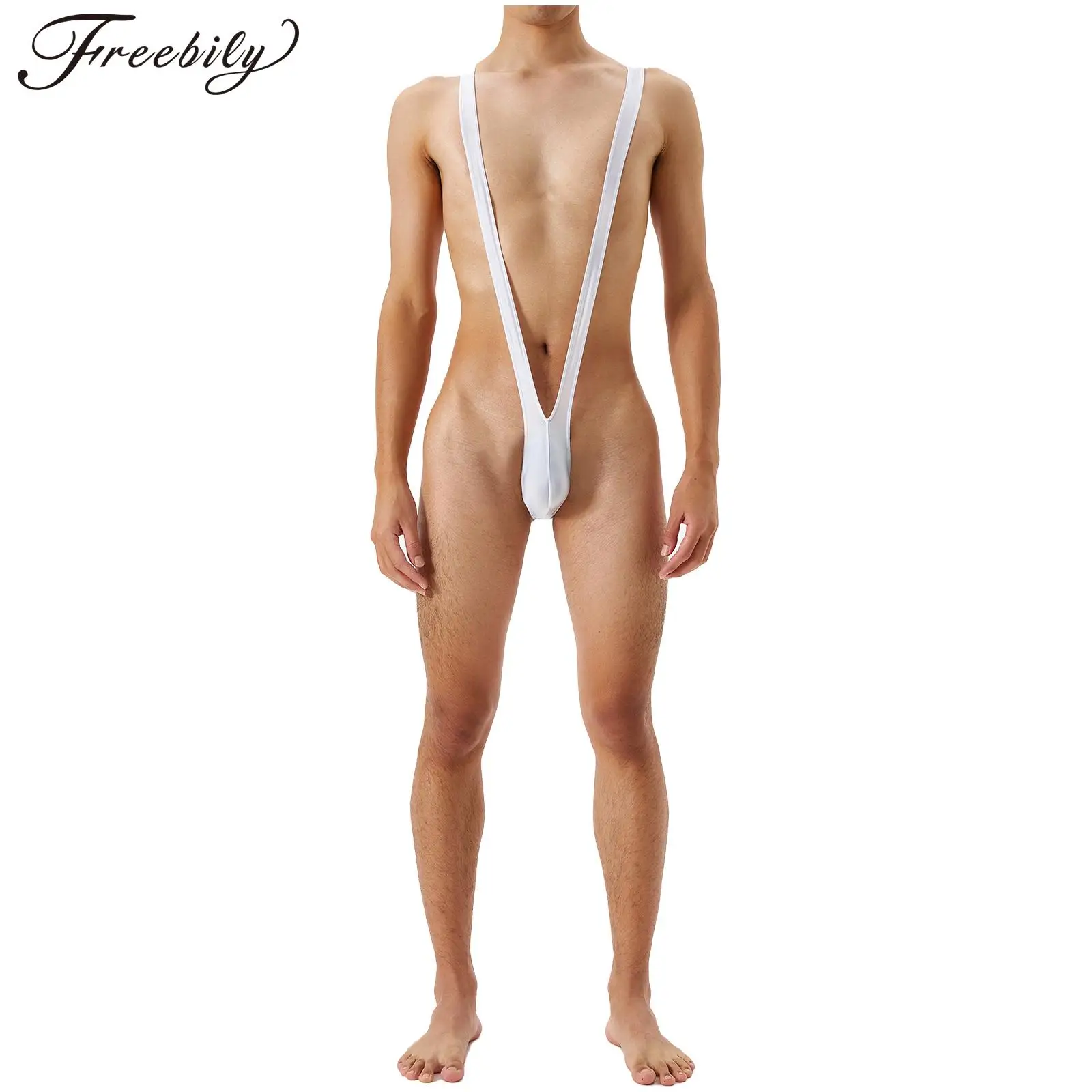 Mens Glossy Solid Color 1Pcs Polyester Bodysuits V-Shaped Sports Suspender Bulge Pouch Thongs Breathable Swimsuits Underwears