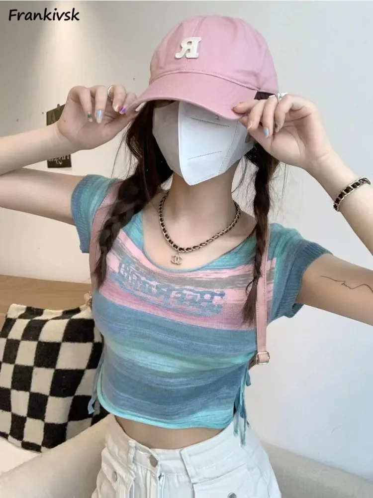 Cropped T-shirts Women Slim Summer Bandage European Style Colorful Y2k Youthful Vitality High Street Hip Hop Casual All-match