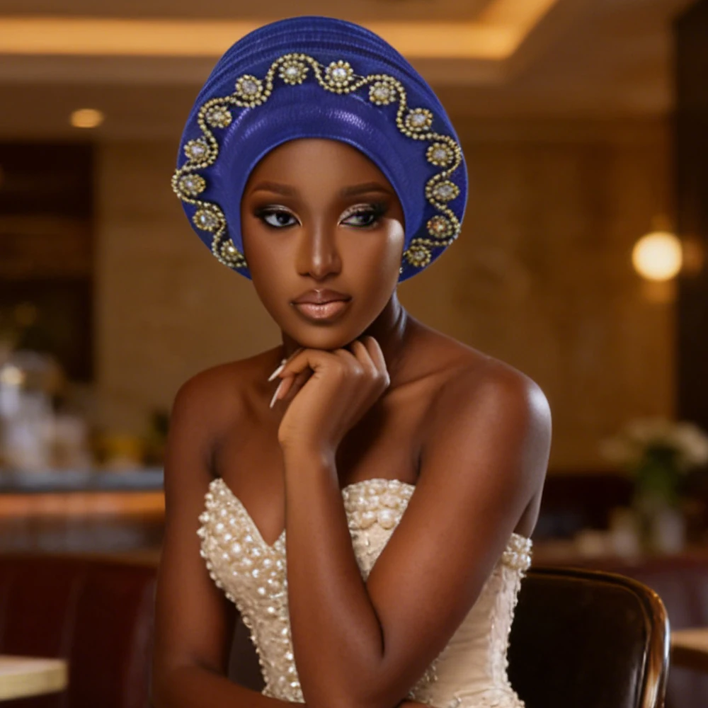 Gorro de boina brillante con diamantes, turbante para mujer, gorro africano Auto Gele, accesorio para la cabeza, Geles de Nigeria, gorro, pañuelo para la cabeza ya hecho