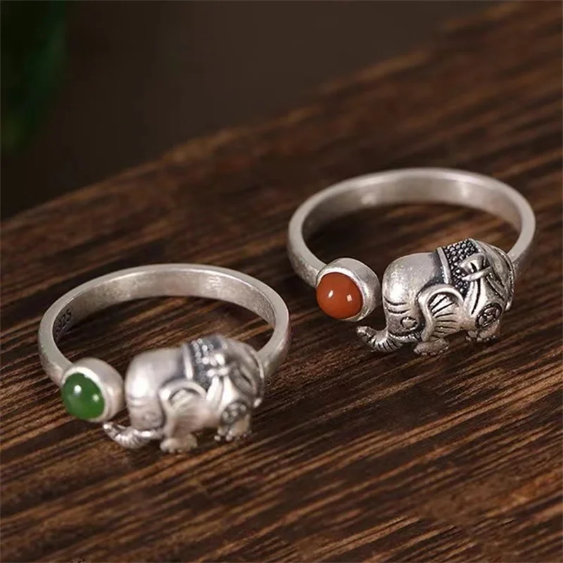 Retro Relief Elephant Ring For Lady Finger Accessories Ethnic Style Jade Red Ring Women Jewelry Adjustable