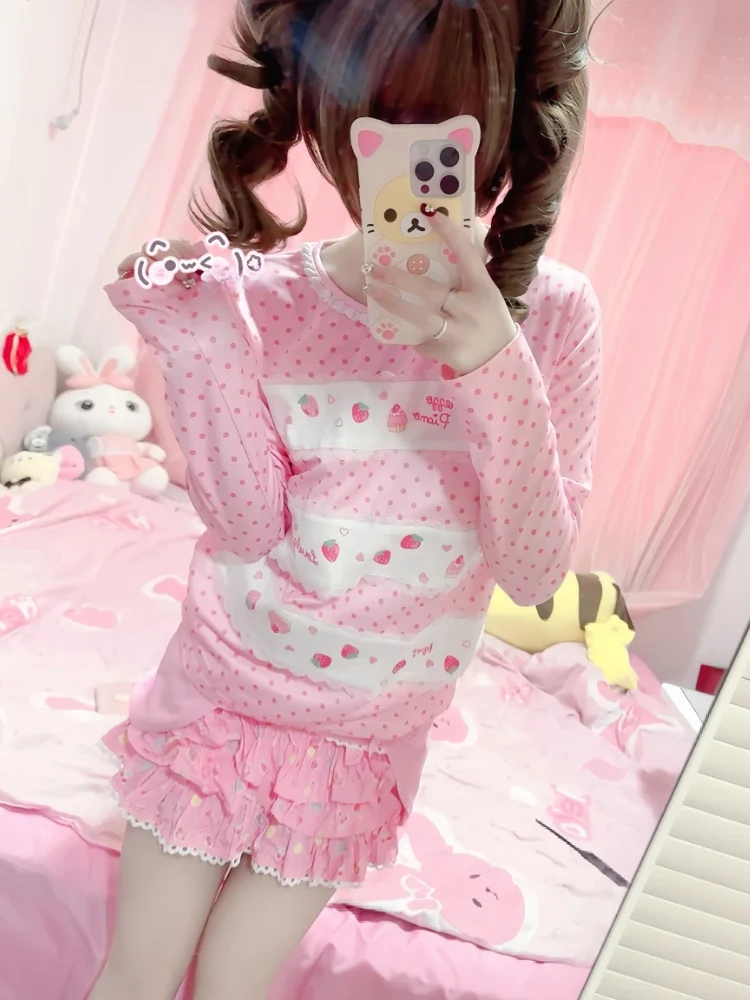 일본 달콤한 딸기 긴 소매 티셔츠 여성 의류 폴카 도트 패션 우아한 티셔츠 여성 한국 인기 의류 Mujer