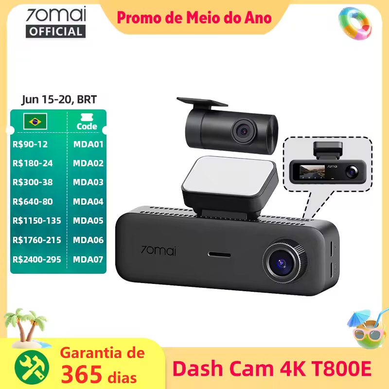 70mai T800E 3 Canais: Frontal 4K + Traseiro 1080p + Interior 1080p HDR, Supercapacitor, Estacionamento 24H, GPS, WiFi 6, Controle por Voz