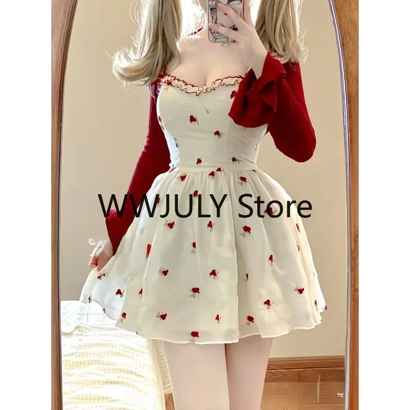 Summer Woman Korean Fashion Suit Kawaii Floral 2 Piece Dress Set Elegant Short Cardigan Beach Sleeveless Y2k Mini Dress Chic