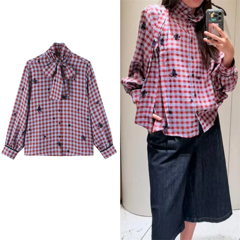 Guobioziy 2026 Women's Shirt Fall/Winter New Red Plaid Long-Sleeve Tie Loose Shirt Relaxed and Lazy Stylish