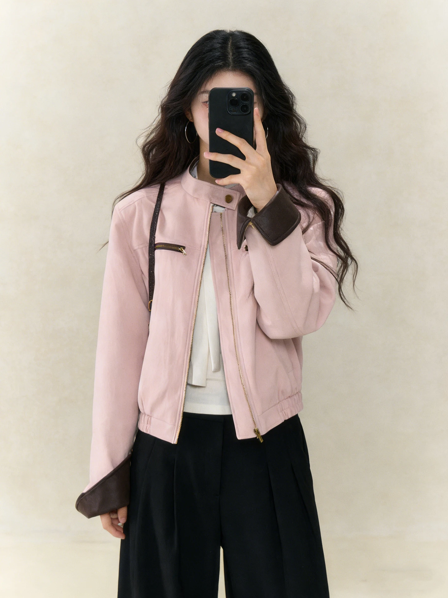 한국 스타일 핑크 스탠드 칼라 PU 가죽 재킷 여성용 2026년 봄 신상 컬러 콜리온 아우터웨어 탑