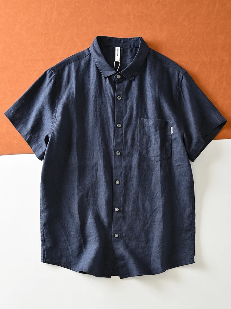 

Linen Casual Short Sleeve Shirt Men's Summer Loose Fit Breathable Comfortable Necktie Top Pure Color Middle-Aged Style