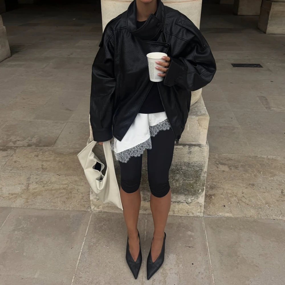 سترة نسائية جلدية بأكمام طويلة وياقة واقفة، ملابس خارجية عصرية للخريف، معطف للسيدات على الطراز الأوروبي الأمريكي #5