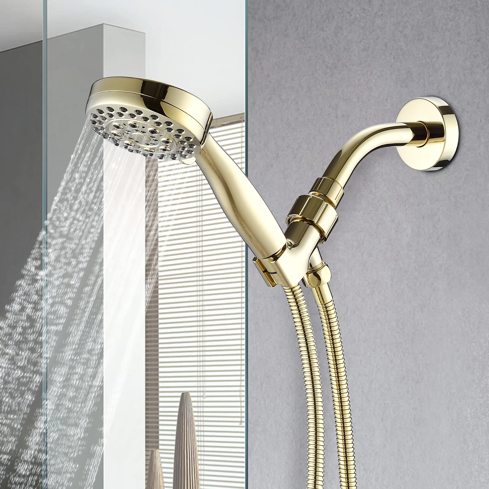 Polished Gold Wall Mounted Handheld Shower Head with 5 Adjustable Settings and Hose