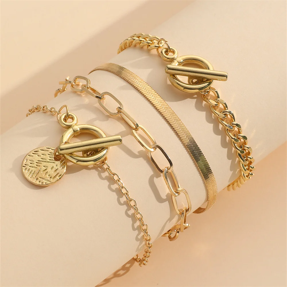 4Pcs/Set New Fashion Popular Jewelry Simple Multi-layer Snake Bone Chain Ot Buckle Bracelet Bohemian Minority Metal Bracelet