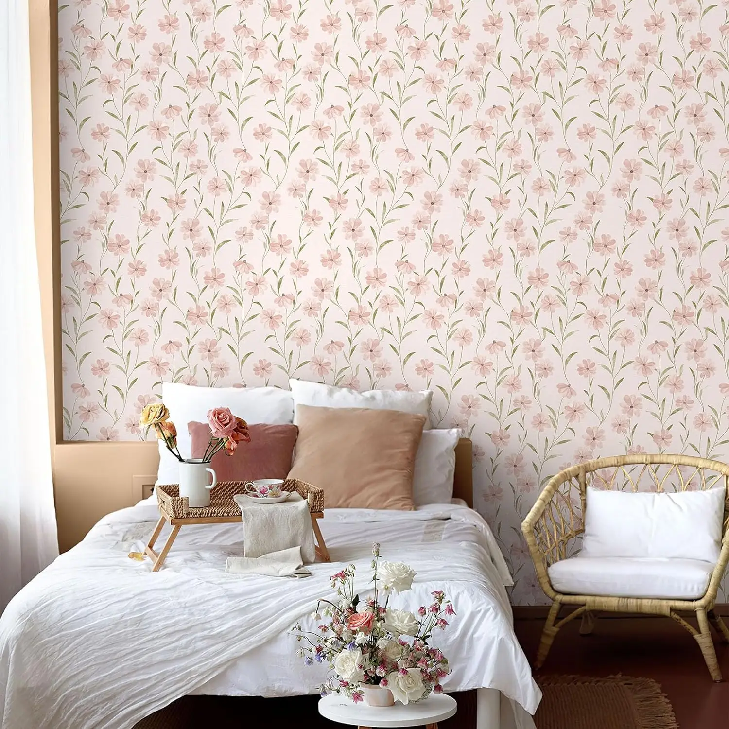 Pink Floral Peel and Stick Wallpaper Daisy Flower  Self Adhesive Wallpaper  Green Leaf Removable Contact Paper for Nursery Decor
